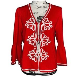 Oscar de La Renta Vintage Red Knit Cardigan Bell Sleeve‎ White Trim Embroidered